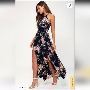 Lulus Feel the Music Midnight Blue Floral Print Maxi Dress SZ Medium